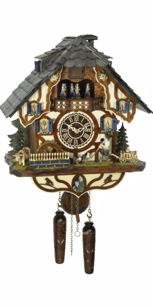 นาฬิกากุ๊กกูเยอรมัน Black Forest Germany ระบบ Quartz พร้อมเสียงดนตรี บ้านไม้สไตล์ Black Forest กังหันน้ำหมุนได้ นักเดินป่าเคลื่อนไหว รหัสสินค้า 0330