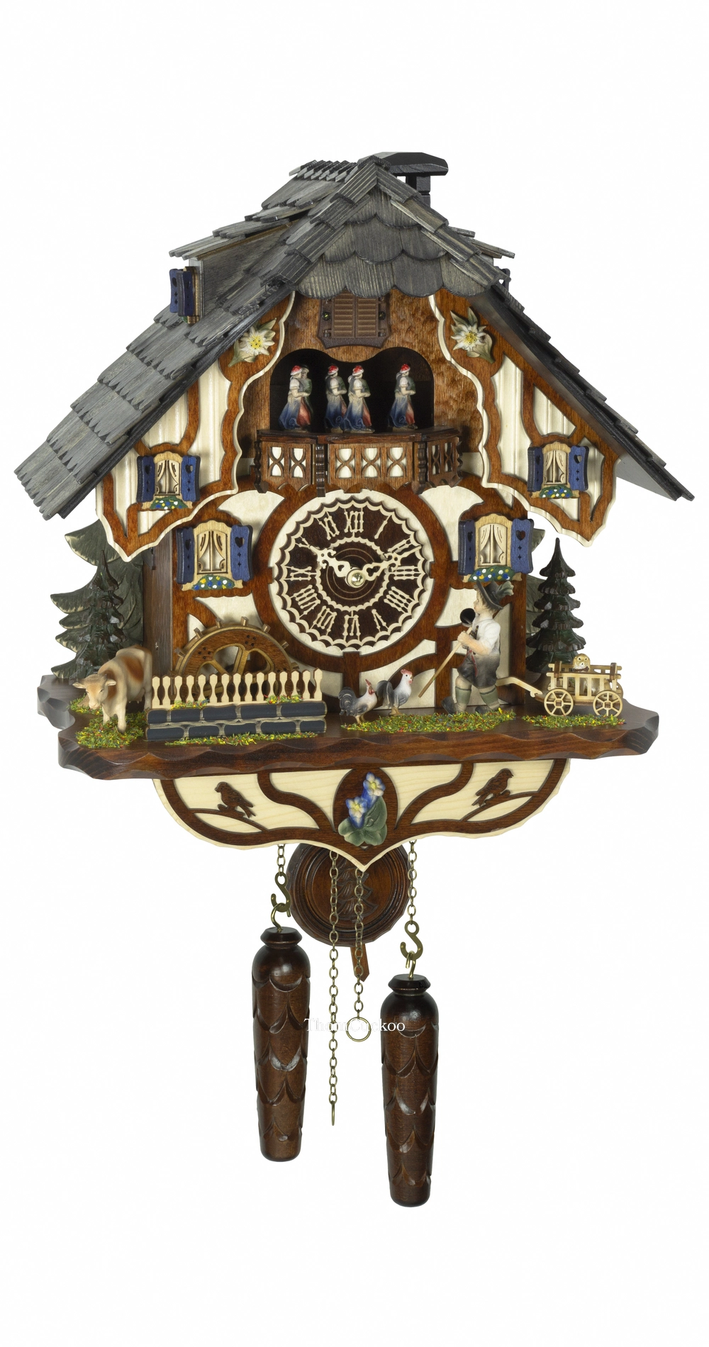 นาฬิกากุ๊กกูเยอรมัน Black Forest Germany ระบบ Quartz พร้อมเสียงดนตรี บ้านไม้สไตล์ Black Forest กังหันน้ำหมุนได้ นักเดินป่าเคลื่อนไหว รหัสสินค้า 0330