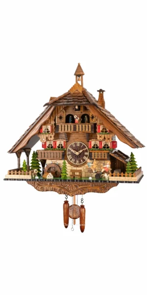 นาฬิกากุ๊กกูเยอรมัน Black Forest Germany ระบบ Quartz พร้อมเสียงดนตรี บ้านไม้สไตล์ Black Forest กังหันน้ำหมุนได้ ชิงช้าเคลื่อนไหว รหัสสินค้า 0336