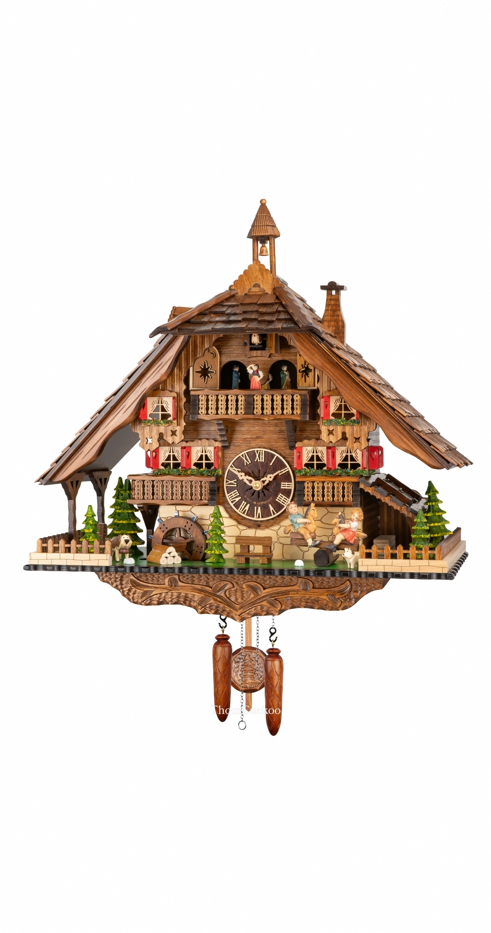 นาฬิกากุ๊กกูเยอรมัน Black Forest Germany ระบบ Quartz พร้อมเสียงดนตรี บ้านไม้สไตล์ Black Forest กังหันน้ำหมุนได้ ชิงช้าเคลื่อนไหว รหัสสินค้า 0336