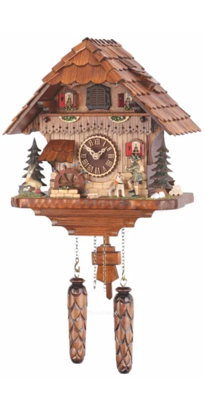 นาฬิกากุ๊กกูเยอรมัน Black Forest Germany ระบบ Quartz พร้อมเสียงดนตรี บ้านไม้สไตล์ Black Forest กังหันน้ำหมุนได้ รหัสสินค้า 0242