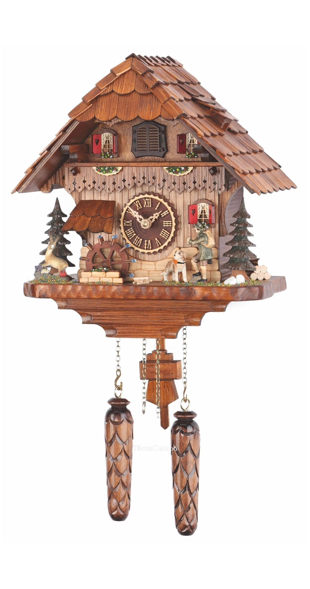 นาฬิกากุ๊กกูเยอรมัน Black Forest Germany ระบบ Quartz พร้อมเสียงดนตรี บ้านไม้สไตล์ Black Forest กังหันน้ำหมุนได้ รหัสสินค้า 0242