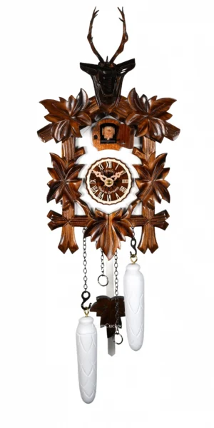 นาฬิกากุ๊กกูเยอรมัน Black Forest Germany ระบบ Quartz พร้อมเสียงดนตรี ลายกวางและสัตว์ป่าแกะสลัก ใบไม้แกะสลัก รหัสสินค้า 0014