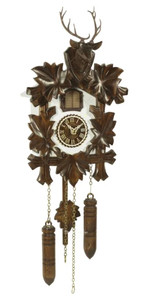 นาฬิกากุ๊กกูเยอรมัน Black Forest Germany ระบบ Quartz พร้อมเสียงดนตรี ลายกวางและสัตว์ป่าแกะสลัก ใบไม้แกะสลัก รหัสสินค้า 0026