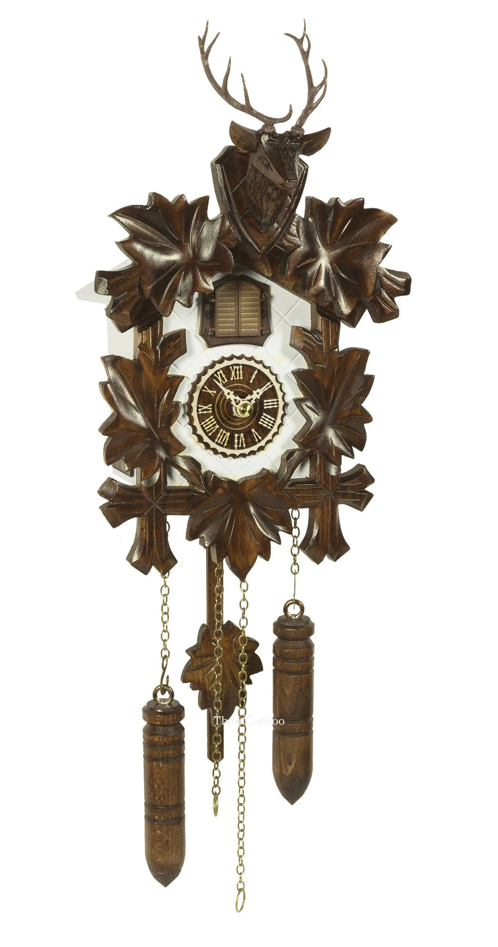 นาฬิกากุ๊กกูเยอรมัน Black Forest Germany ระบบ Quartz พร้อมเสียงดนตรี ลายกวางและสัตว์ป่าแกะสลัก ใบไม้แกะสลัก รหัสสินค้า 0026