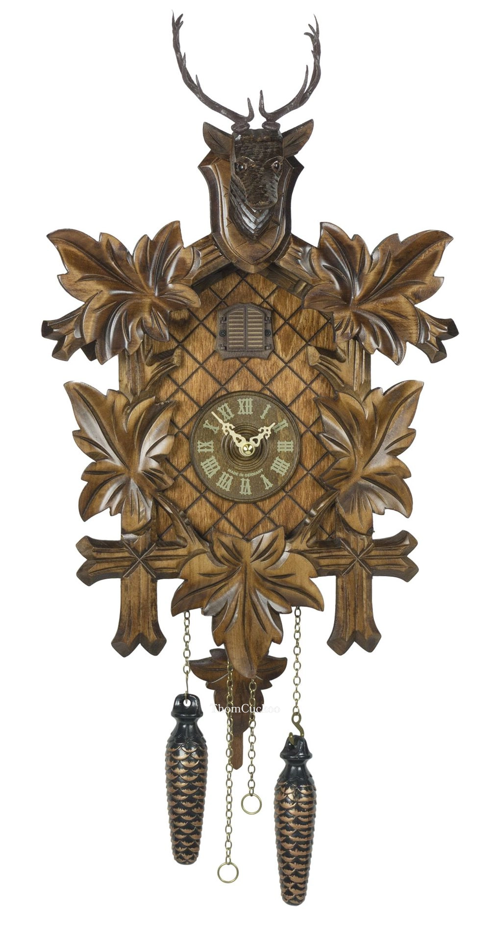 นาฬิกากุ๊กกูเยอรมัน Black Forest Germany ระบบ Quartz พร้อมเสียงดนตรี ลายกวางและสัตว์ป่าแกะสลัก ใบไม้แกะสลัก รหัสสินค้า 0090
