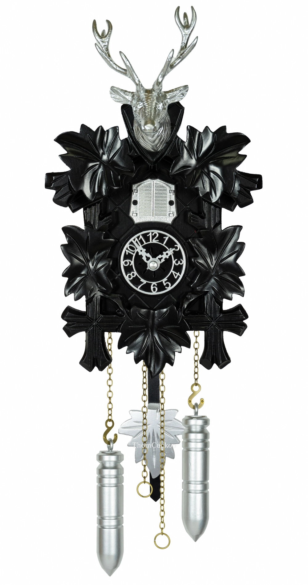 นาฬิกากุ๊กกูเยอรมัน Black Forest Germany ระบบ Quartz พร้อมเสียงดนตรี ลายกวางและสัตว์ป่าแกะสลัก ใบไม้แกะสลัก รหัสสินค้า 0097
