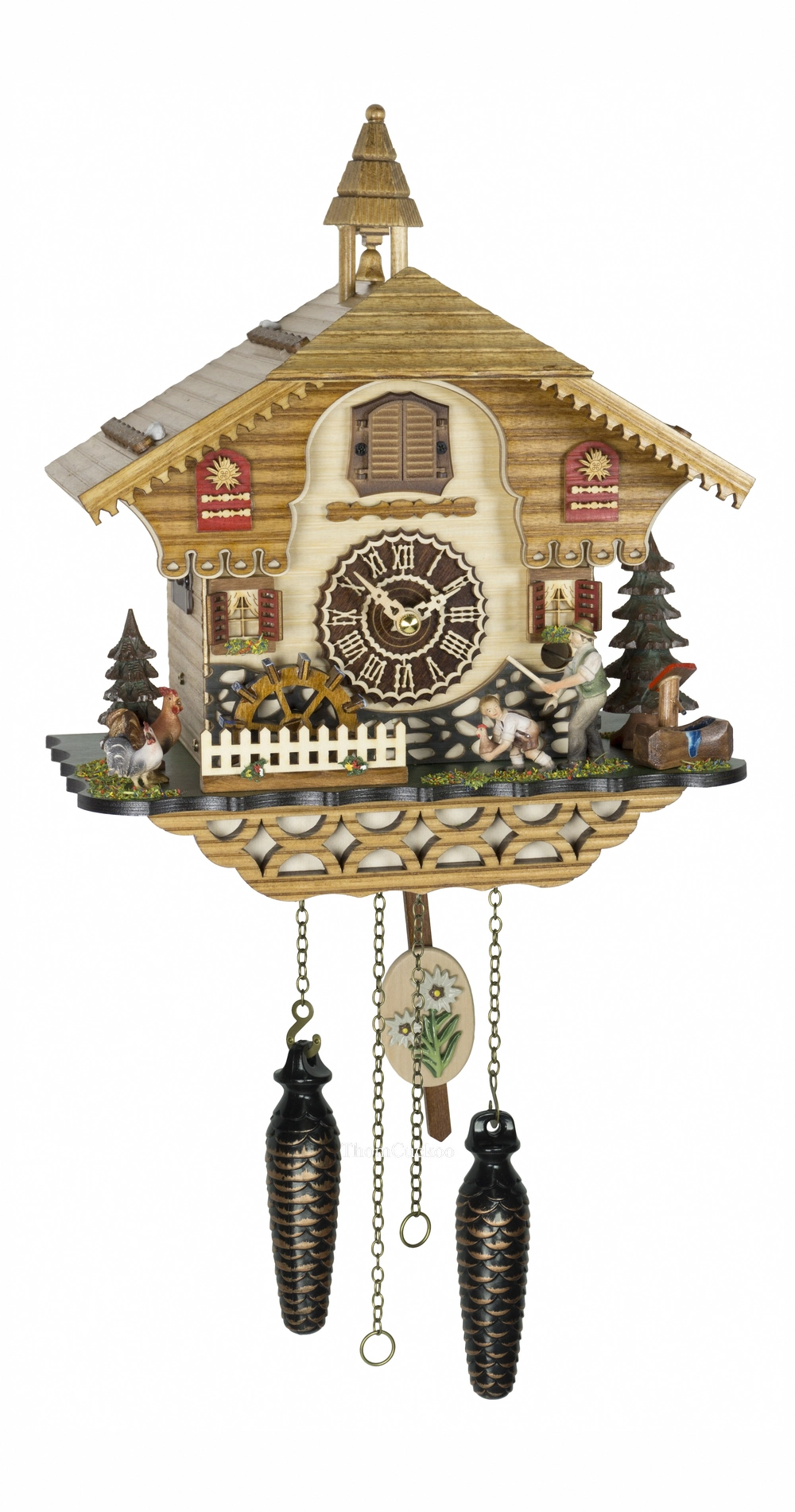 นาฬิกากุ๊กกูเยอรมัน Black Forest Germany ระบบ Quartz พร้อมเสียงดนตรี บ้านฟาร์มยุโรป กังหันน้ำหมุนได้ รหัสสินค้า 0188