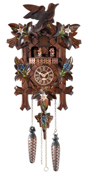 นาฬิกากุ๊กกูเยอรมัน Black Forest Germany ระบบ Quartz พร้อมเสียงดนตรี ลายใบไม้และนกแกะสลัก ตุ๊กตาเต้นระบำ รหัสสินค้า 0184