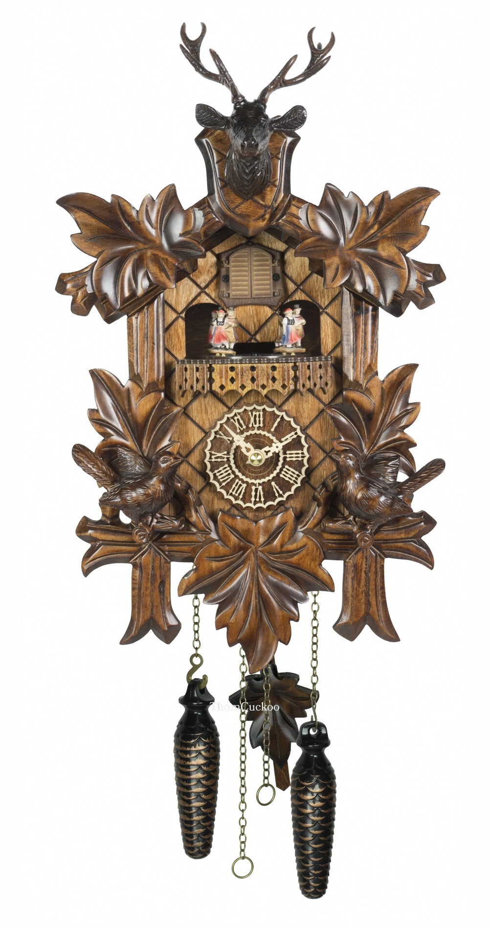 นาฬิกากุ๊กกูเยอรมัน Black Forest Germany ระบบ Quartz พร้อมเสียงดนตรี ลายใบไม้และนกแกะสลัก ตุ๊กตาเต้นระบำ รหัสสินค้า 0205