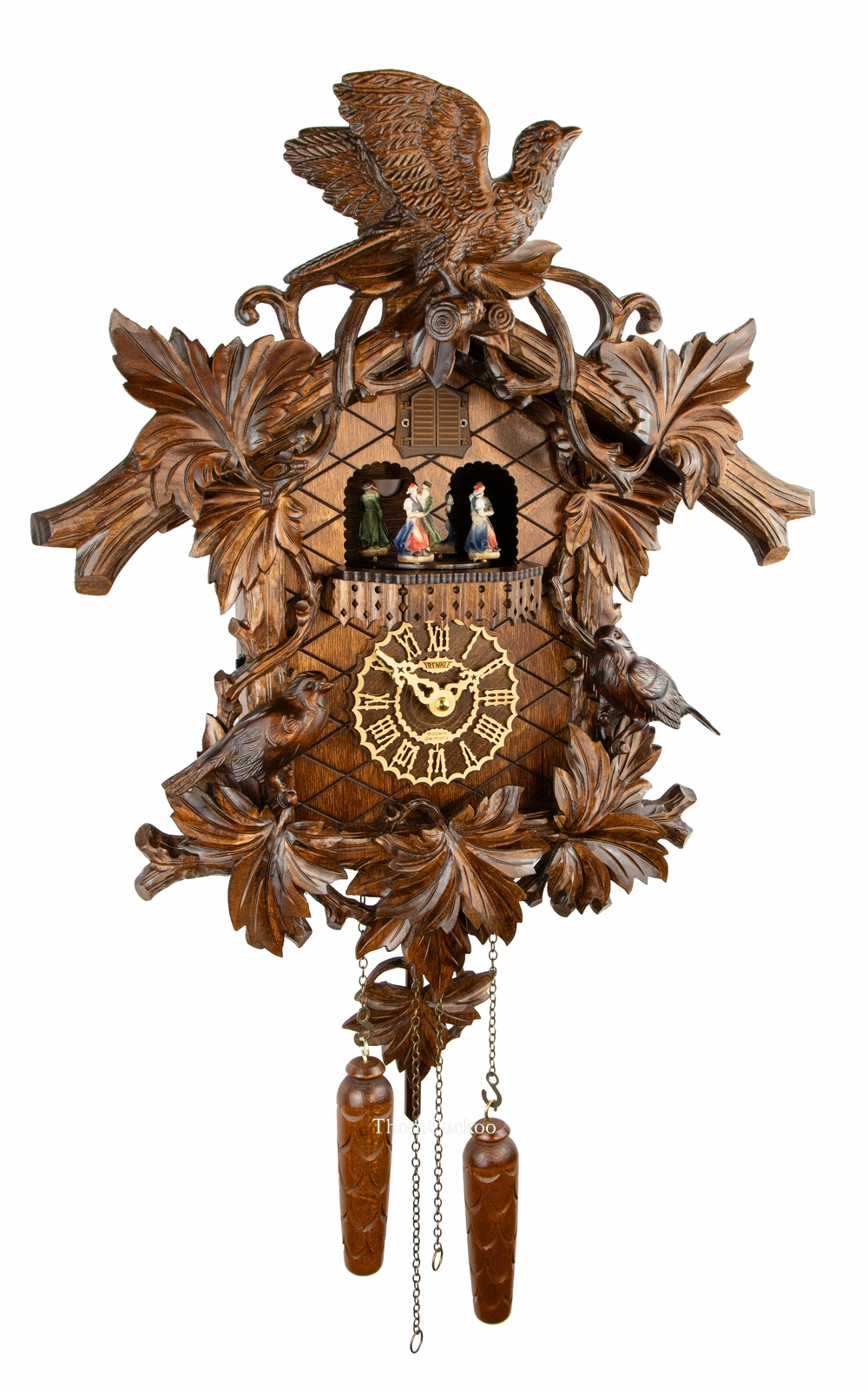 นาฬิกากุ๊กกูเยอรมัน Black Forest Germany ระบบ Quartz พร้อมเสียงดนตรี ลายใบไม้และนกแกะสลัก ตุ๊กตาเต้นระบำ รหัสสินค้า 0317