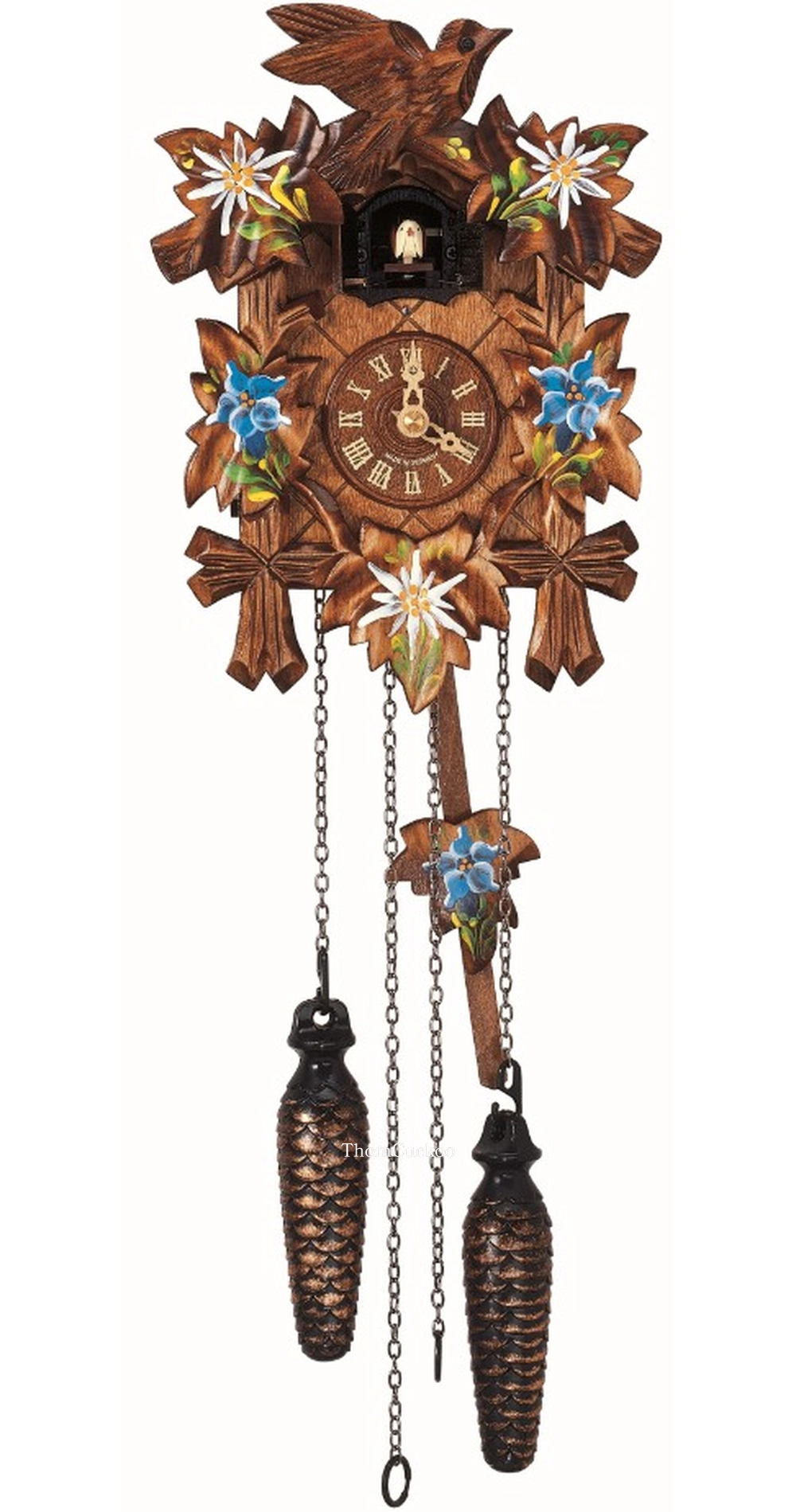 นาฬิกากุ๊กกูเยอรมัน Black Forest Germany ระบบ Quartz พร้อมเสียงดนตรี ลายใบไม้และนกแกะสลัก งานเพ้นท์มือ ดอกไม้ยุโรป สีขาว รหัสสินค้า 0122
