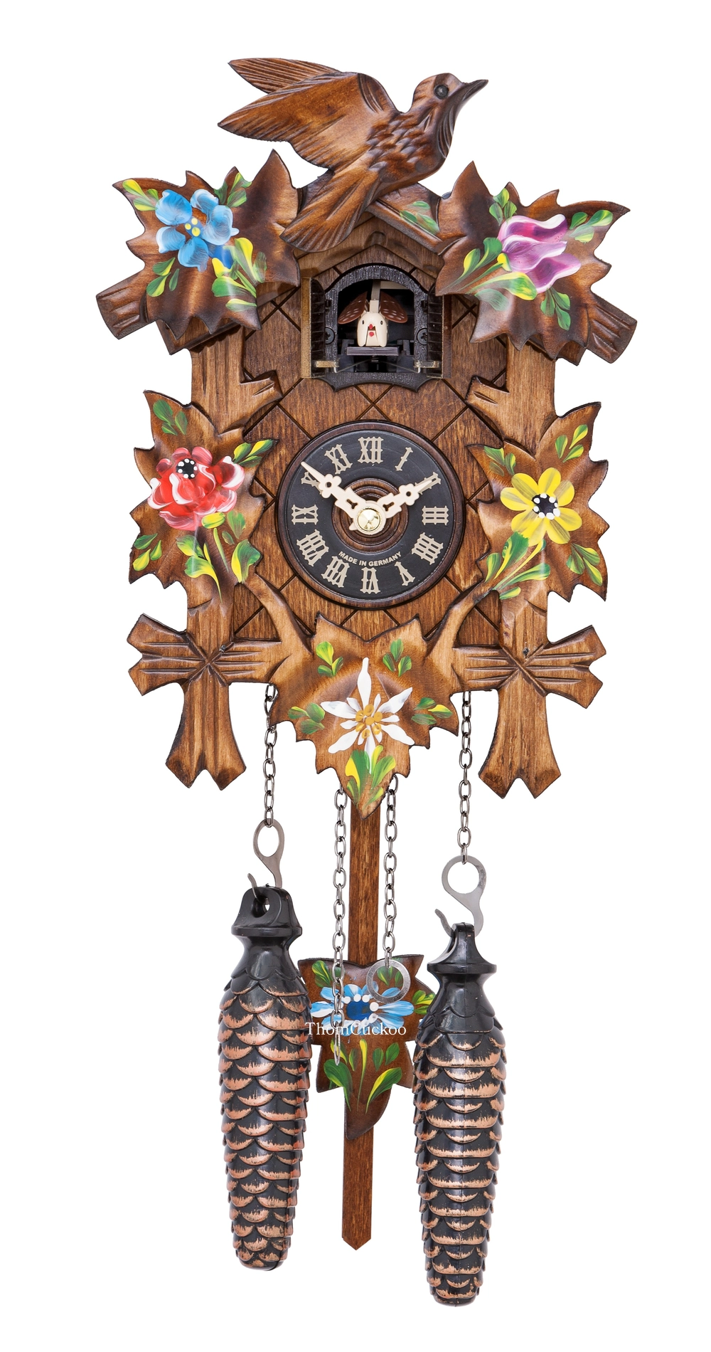 นาฬิกากุ๊กกูเยอรมัน Black Forest Germany ระบบ Quartz พร้อมเสียงดนตรี ลายใบไม้และนกแกะสลัก รหัสสินค้า 0001