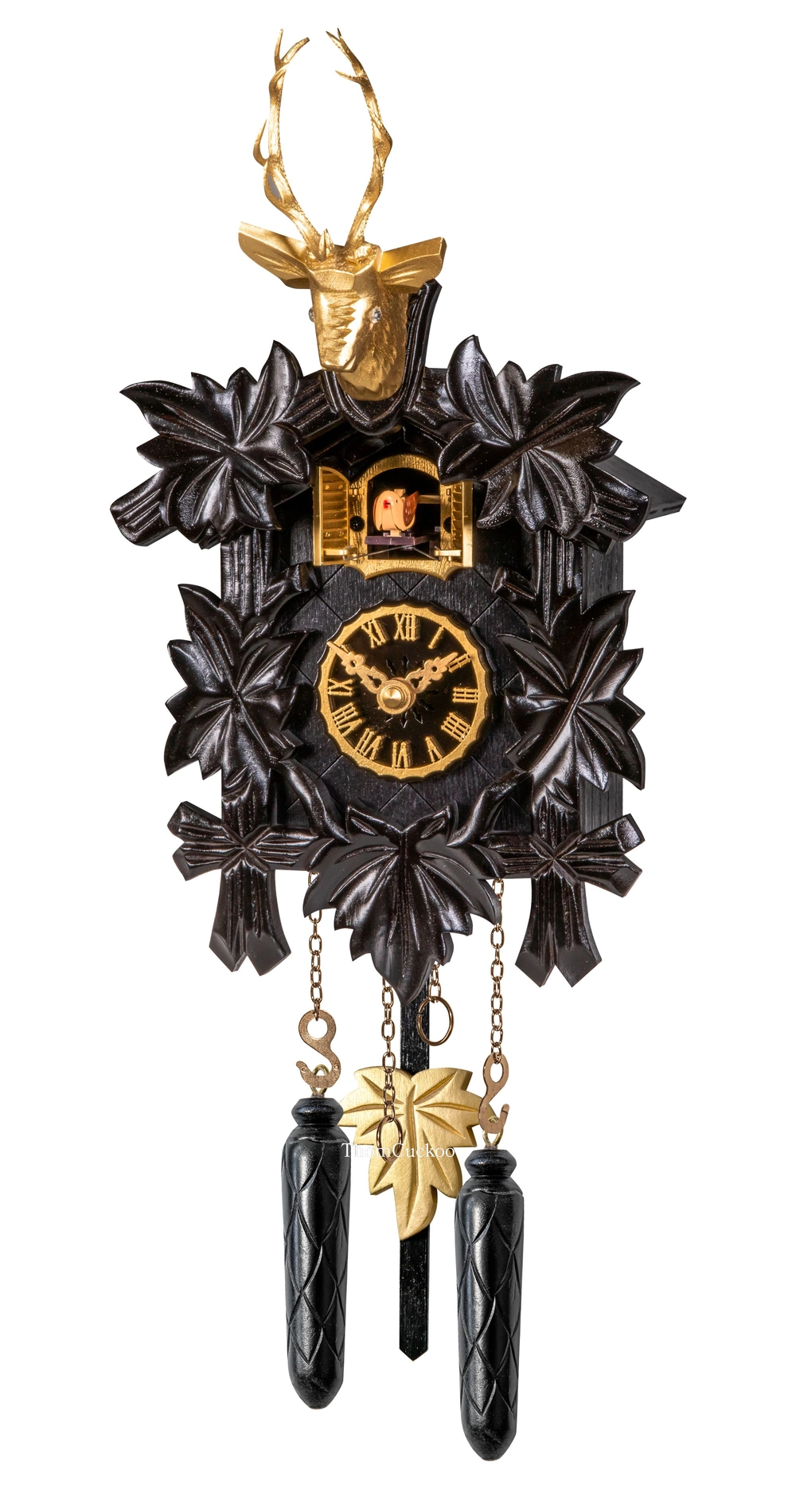 นาฬิกากุ๊กกูเยอรมัน Black Forest Germany ระบบ Quartz พร้อมเสียงดนตรี ลายใบไม้และนกแกะสลัก รหัสสินค้า 0007