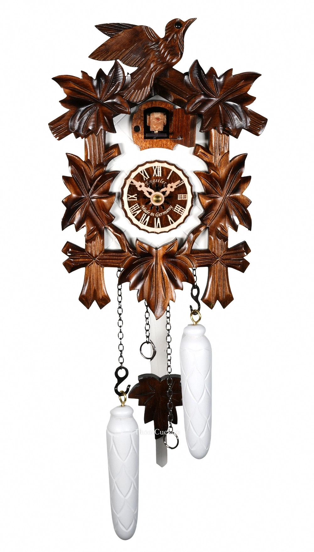 นาฬิกากุ๊กกูเยอรมัน Black Forest Germany ระบบ Quartz พร้อมเสียงดนตรี ลายใบไม้และนกแกะสลัก รหัสสินค้า 0010