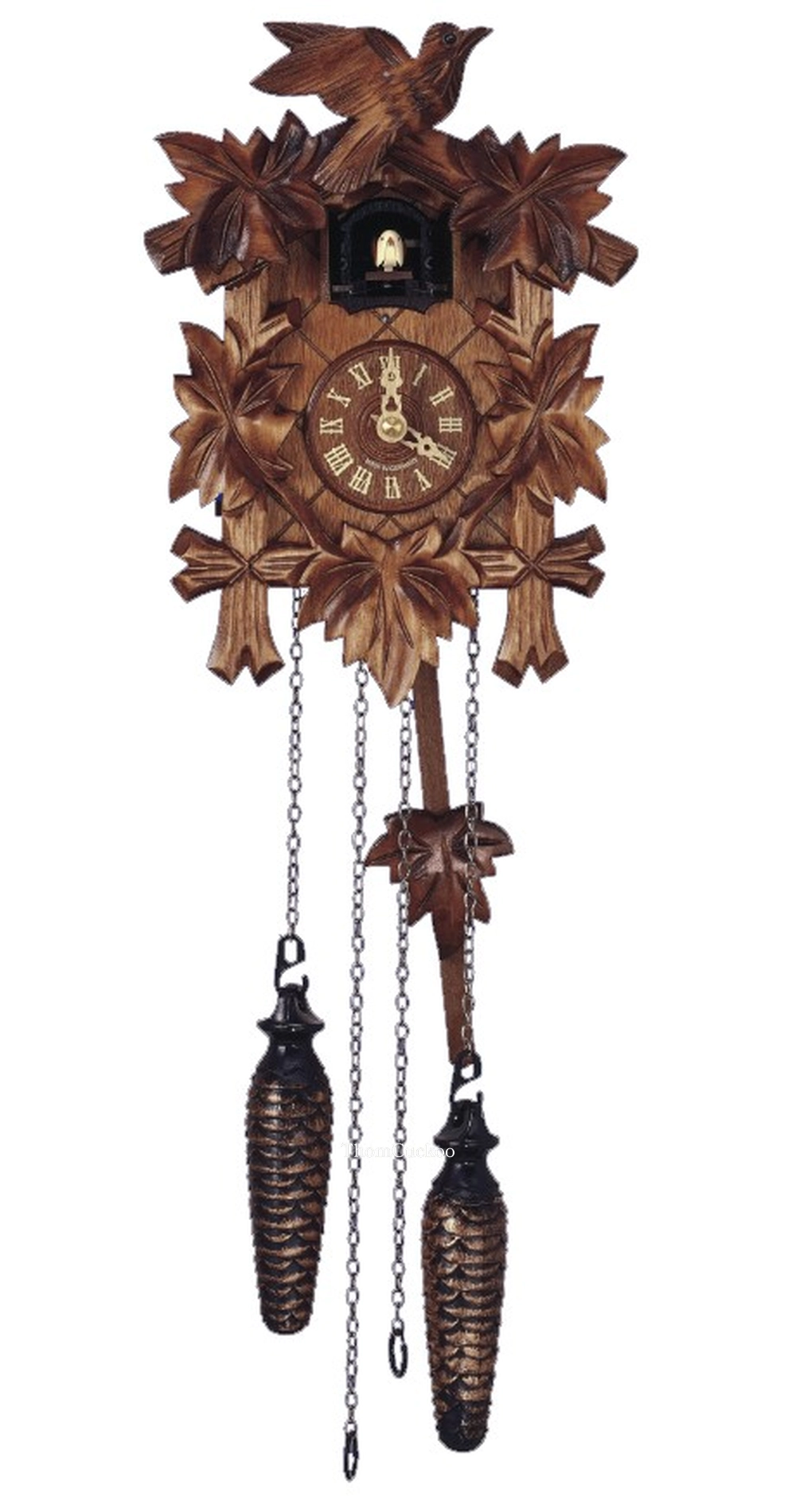 นาฬิกากุ๊กกูเยอรมัน Black Forest Germany ระบบ Quartz พร้อมเสียงดนตรี ลายใบไม้และนกแกะสลัก รหัสสินค้า 0012