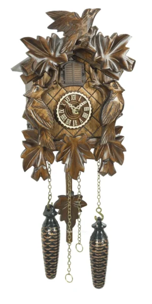 นาฬิกากุ๊กกูเยอรมัน Black Forest Germany ระบบ Quartz พร้อมเสียงดนตรี ลายใบไม้และนกแกะสลัก รหัสสินค้า 0017