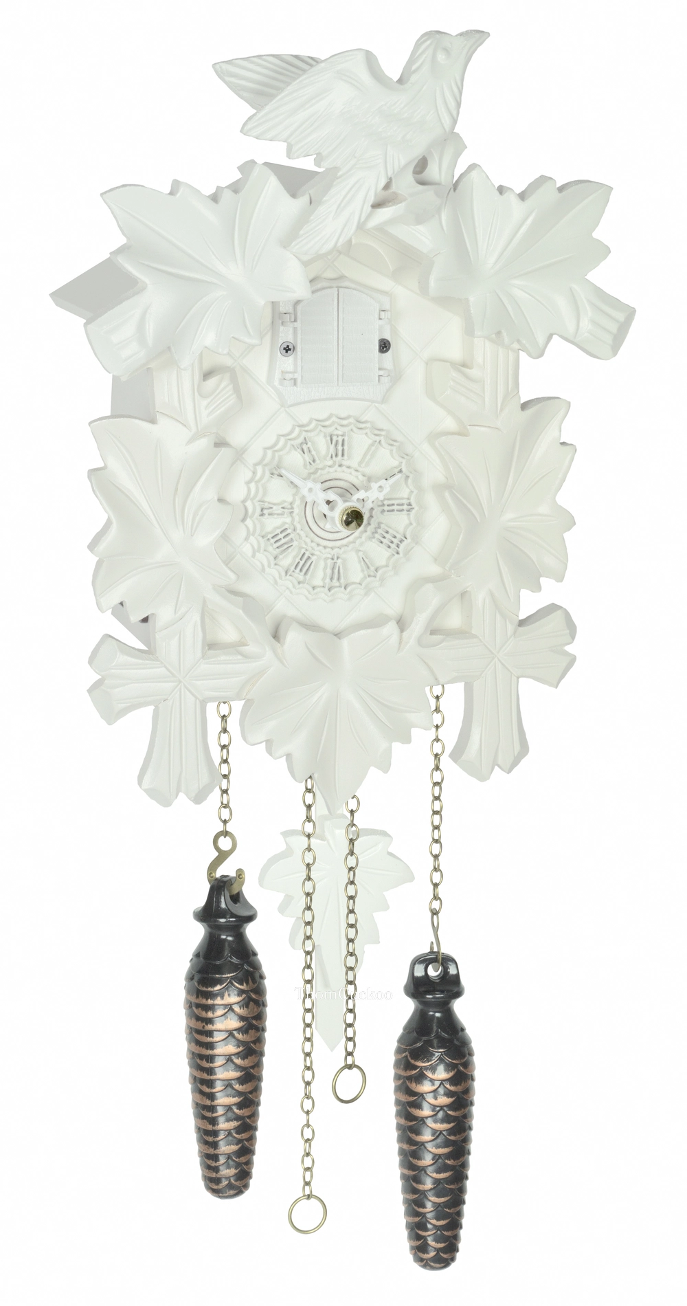 นาฬิกากุ๊กกูเยอรมัน Black Forest Germany ระบบ Quartz พร้อมเสียงดนตรี ลายใบไม้และนกแกะสลัก รหัสสินค้า 0028