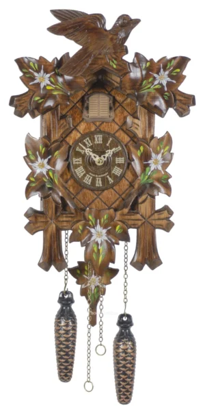 นาฬิกากุ๊กกูเยอรมัน Black Forest Germany ระบบ Quartz พร้อมเสียงดนตรี ลายใบไม้และนกแกะสลัก รหัสสินค้า 0039