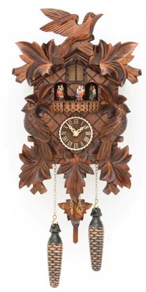 นาฬิกากุ๊กกูเยอรมัน Black Forest Germany ระบบ Quartz พร้อมเสียงดนตรี ลายใบไม้และนกแกะสลัก รหัสสินค้า 0171