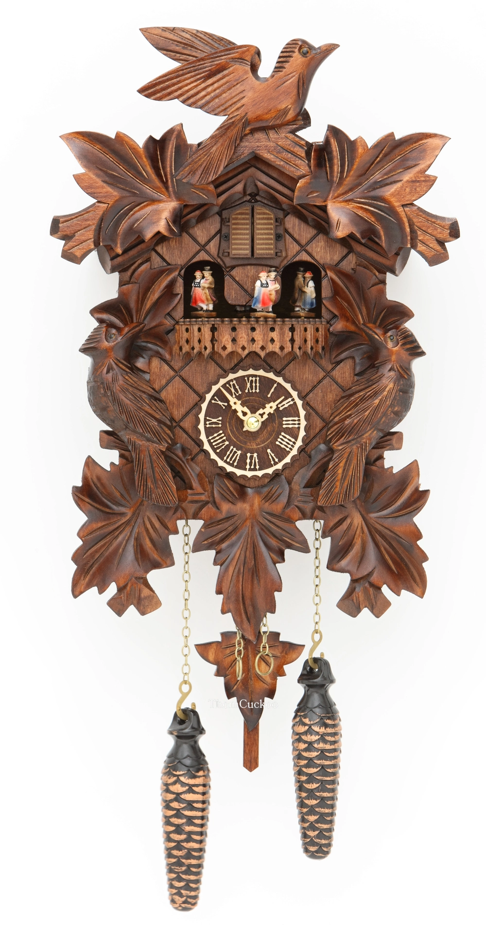 นาฬิกากุ๊กกูเยอรมัน Black Forest Germany ระบบ Quartz พร้อมเสียงดนตรี ลายใบไม้และนกแกะสลัก รหัสสินค้า 0171