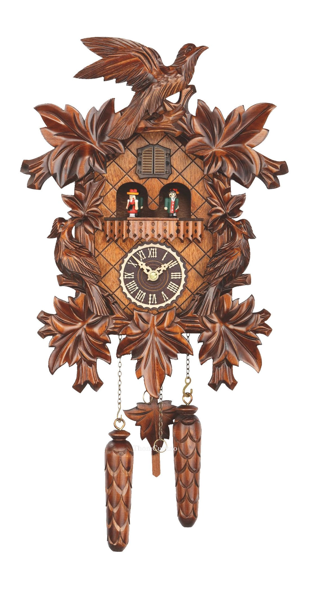 นาฬิกากุ๊กกูเยอรมัน Black Forest Germany ระบบ Quartz พร้อมเสียงดนตรี ลายใบไม้และนกแกะสลัก รหัสสินค้า 0194