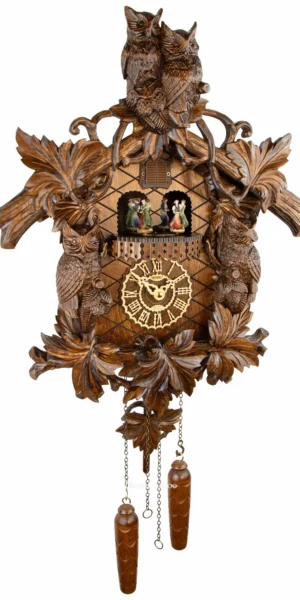 นาฬิกากุ๊กกูเยอรมัน Black Forest Germany ระบบ Quartz พร้อมเสียงดนตรี ลายนกฮูกแกะสลัก ตุ๊กตาเต้นระบำ รหัสสินค้า 0320